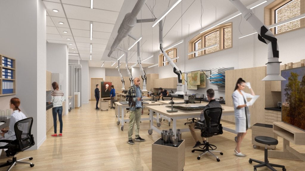 A rendering of the planned conservation studio at the New York Historical. There are desks in a high ceilinged, white-walled room, with scientific equipment for caring for artworks. There are conservators at work. 