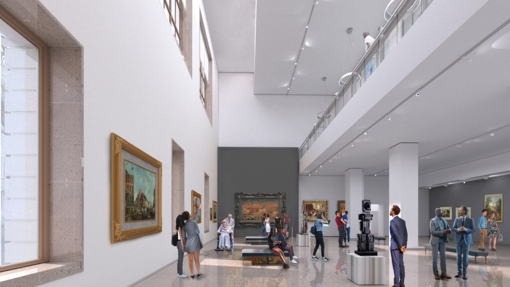 A rendering of the planned Klingenstein Family Gallery at the New York Historical. It's a tall ceilinged white-walled gallery, with paintings hanging on the walls and visitors walking around.