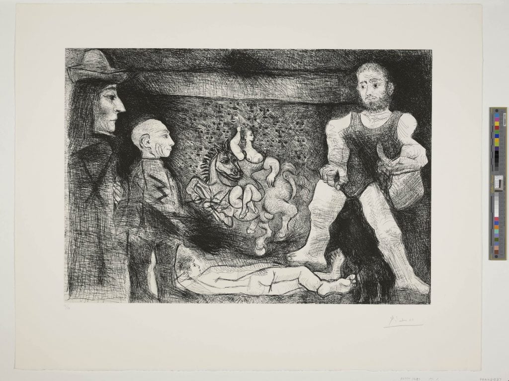 An abstract scene featuring three figures, one seated and two standing, engaged in observing a small, chaotic display of animals in the center.