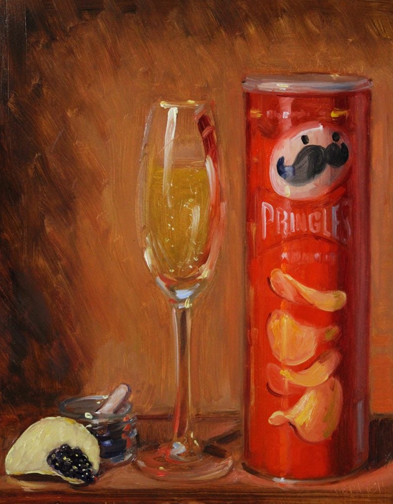 A painting of a tube of Pringles, a glass of champagne, and caviar on a chip