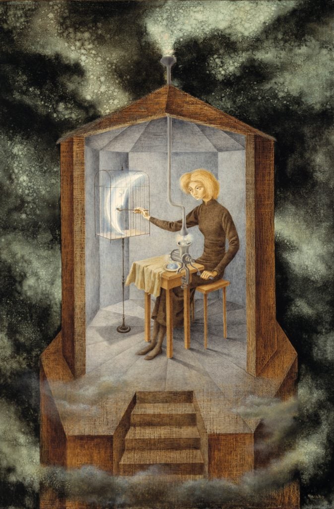 a surrealist work by remedios varo featuring a person sitting in a small room with a crescent moon