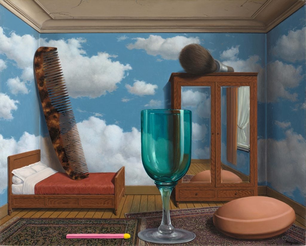 a surrealist painting by Rene Magritte featuring a large wine glass in the center of a small bedroom in which the walls are depicted as a blue sky with clouds