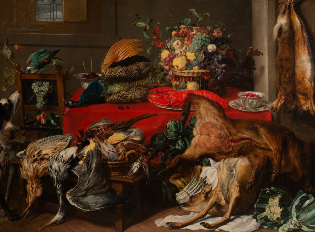 a still life of dead fowls, artichokes, rabbits, fruit, lobster, asparagus and more