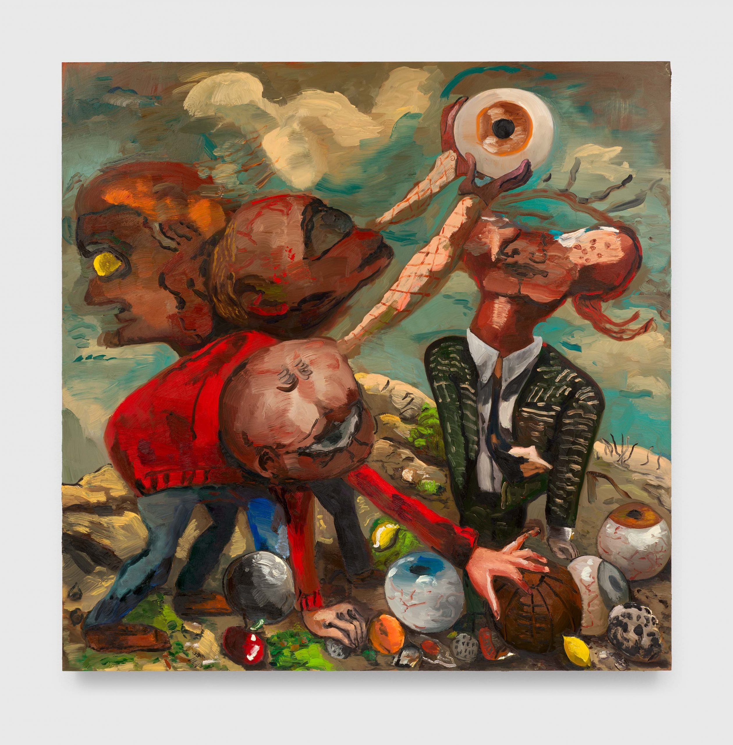 A surrealist painting by Dana Schutz features humanoid bings with massive eyes. One of them is picking through a pile of round objects, while another two admire a loose eyeball held up in the air.