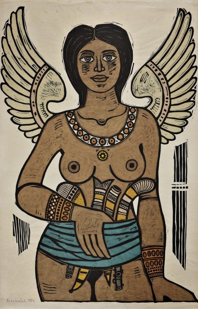 Giorgos Sikeliotis's linocut on paper work depicting a woman, half naked showing her breasts, with wings on her back, armed with weapons worn around her waist with a torqoise belt.