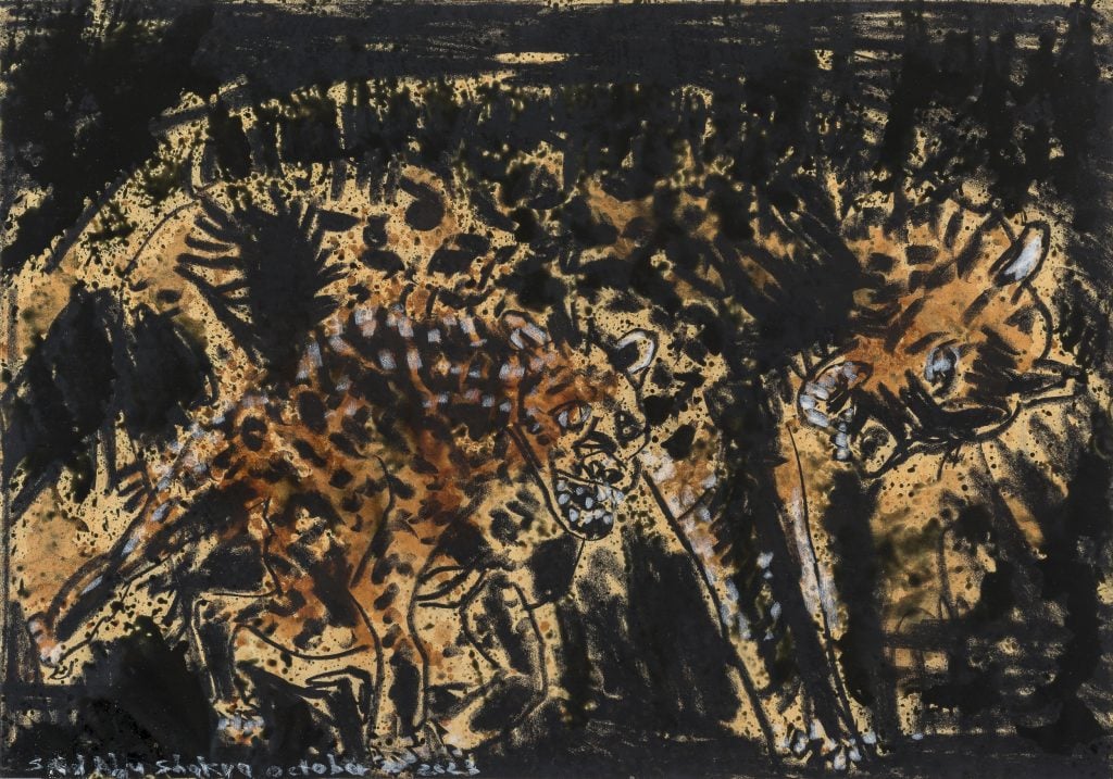 a black and brown painting of 2 hyenas