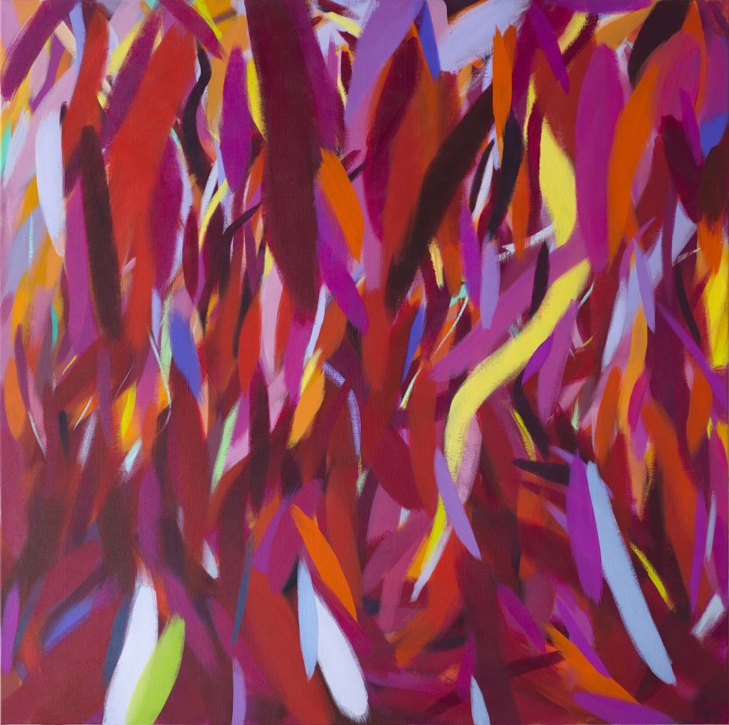 Samia Halaby, Venetian Red (2021). An abstract painting that looks a little like tongues of flame in shades largely of purple, magenta, and red.