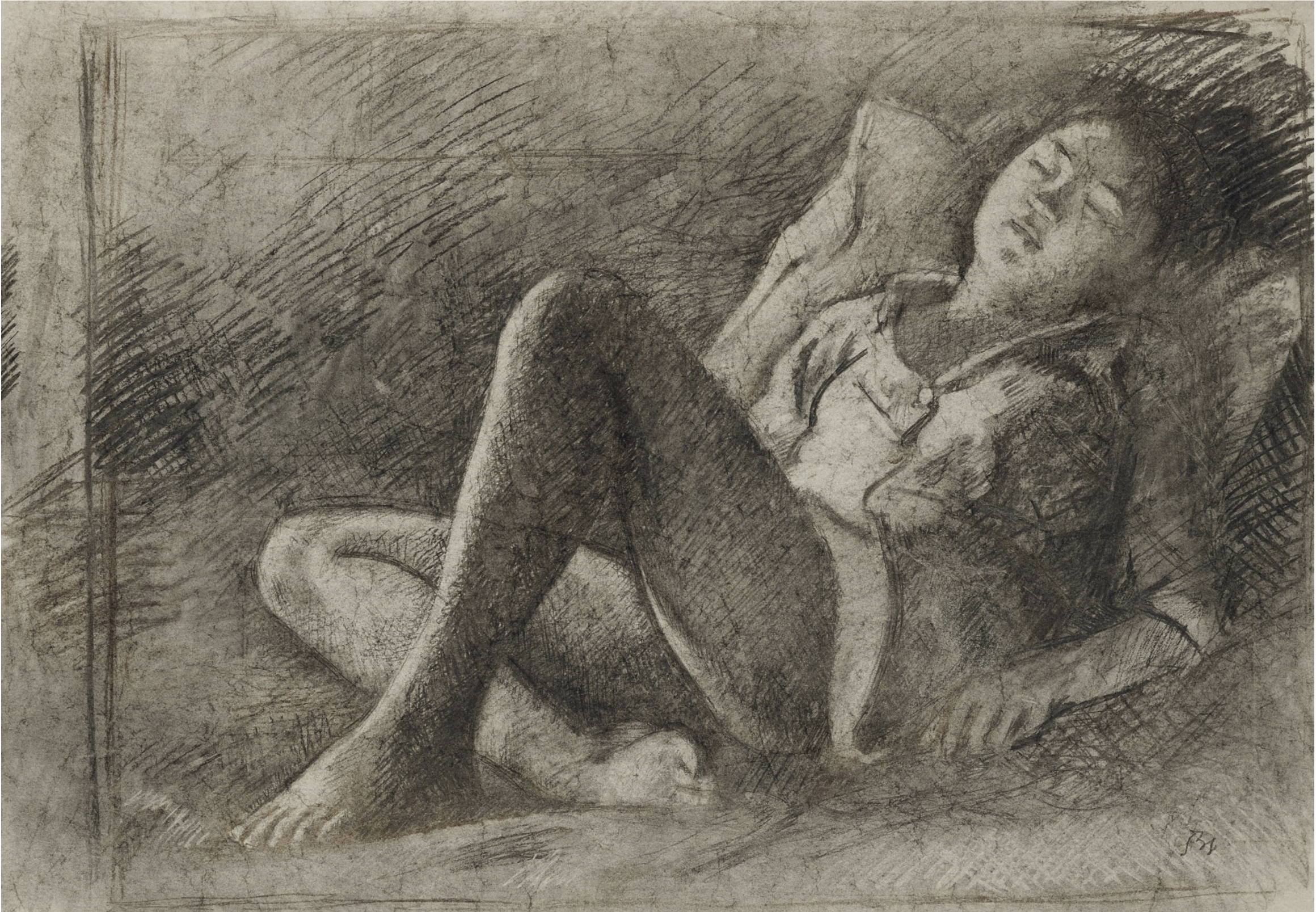 A drawing of a woman leaning back