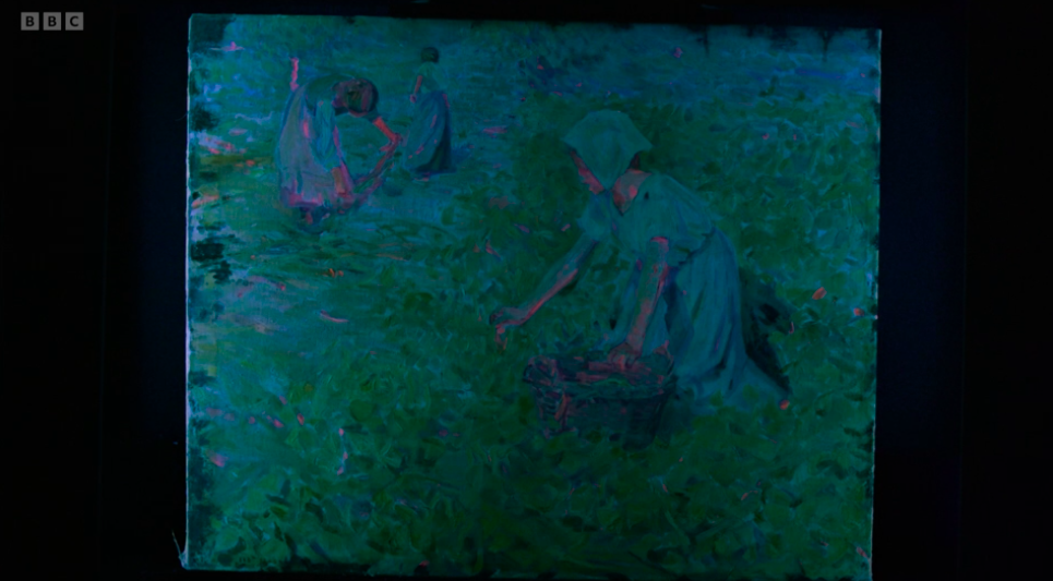 A painting depicting women in bonnets picking crops in a field, with a green and blue color palette under a dark light.