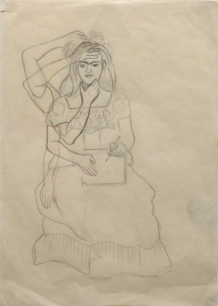 Frida Kahlo, <i> Self-Portrait Drawing, </i> n.d., pencil on paper, private collection. © 2024 Banco de México Diego Rivera Frida Kahlo Museums Trust, Mexico, D.F./Artists Rights Society (ARS), New York