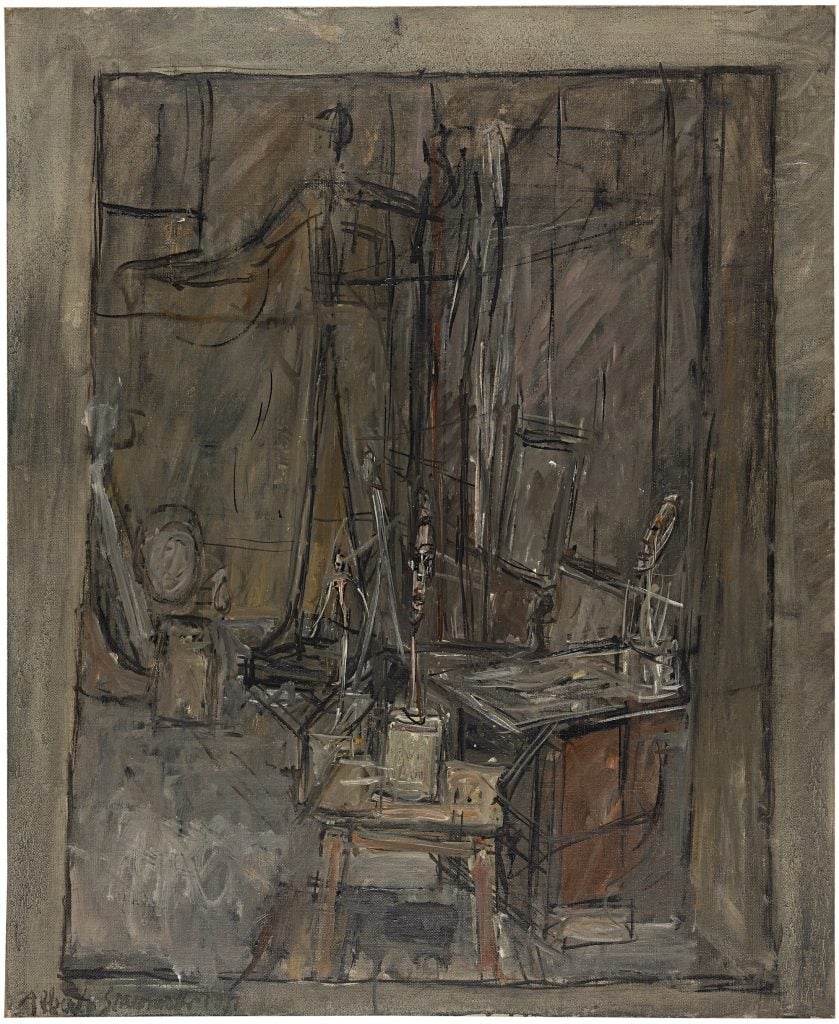 an image of an abstract gray painting depicting an interior