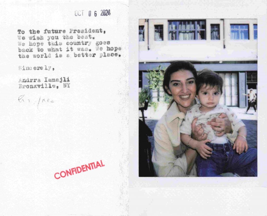 A Polaroid of Andrra Ismajli and her typewritten letter to the next president, written as part of Sheryl Oring's performance art piece I Wish to Say.