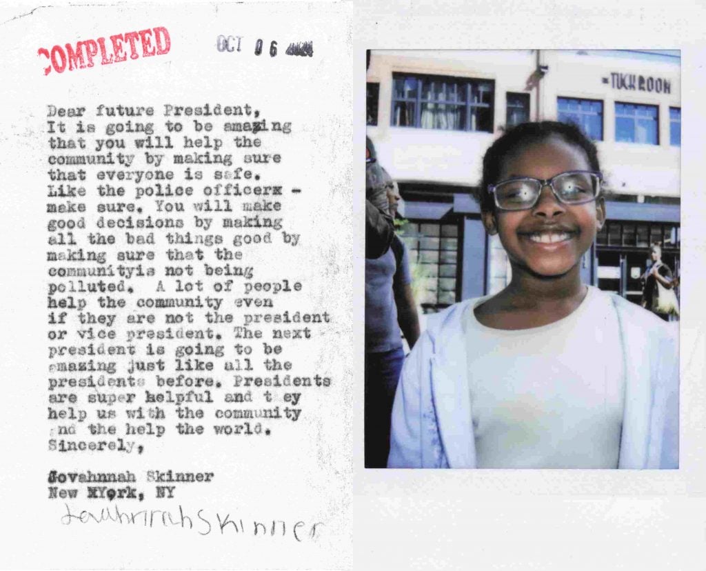 A Polaroid of Jovahnnah Skinner and her typewritten letter to the next president, written as part of Sheryl Oring's performance art piece I Wish to Say.