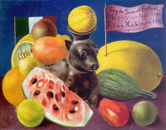 Frida Kahlo, <i> Still Life (I Belong to Samuel Fastlicht), </i> (1951), oil on Masonite, private collection, courtesy of Galería Arvil, México. © 2024 Banco de México Diego Rivera Frida Kahlo Museums Trust, Mexico, D.F./Artists Rights Society (ARS), New York