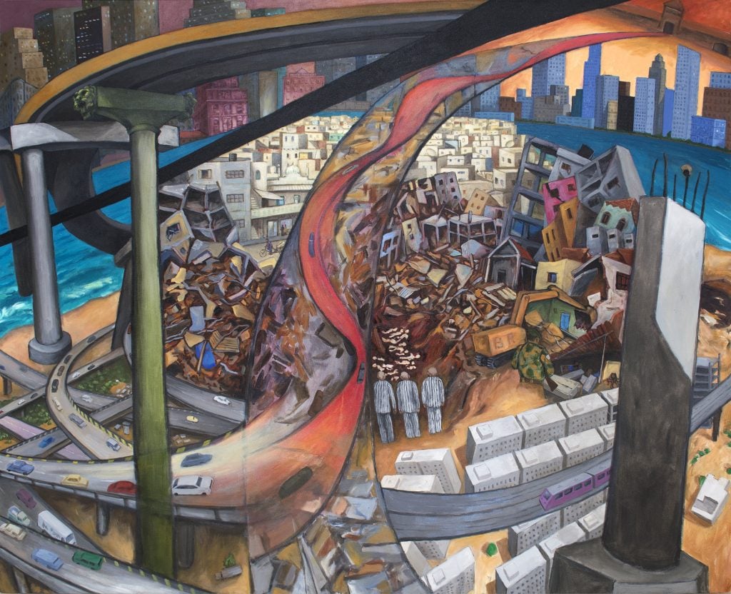 A colouful painting depicting a group of people standing next to a broken town of debris and fallen buildings under a surrealistic highway in an overcrowded urban area 