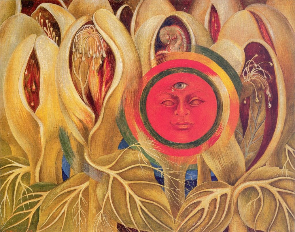 Frida Kahlo, <i> Sun and Life, </i> (1944) oil on Masonite, private collection, courtesy Galería Arvil, México. © 2024 Banco de México Diego Rivera Frida Kahlo Museums Trust, Mexico, D.F./Artists Rights Society (ARS), New York