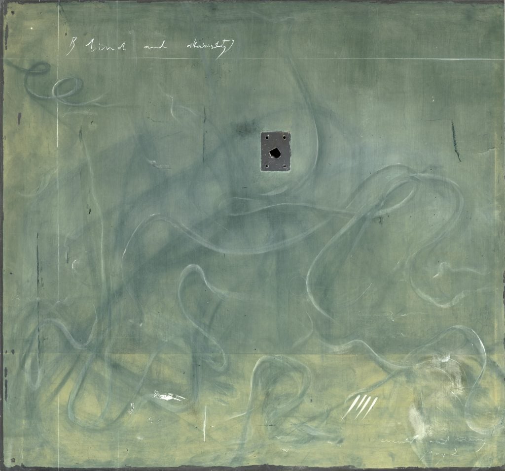 Tacita Dean, Blind and dusty, a painting on found slate that was painted green. 