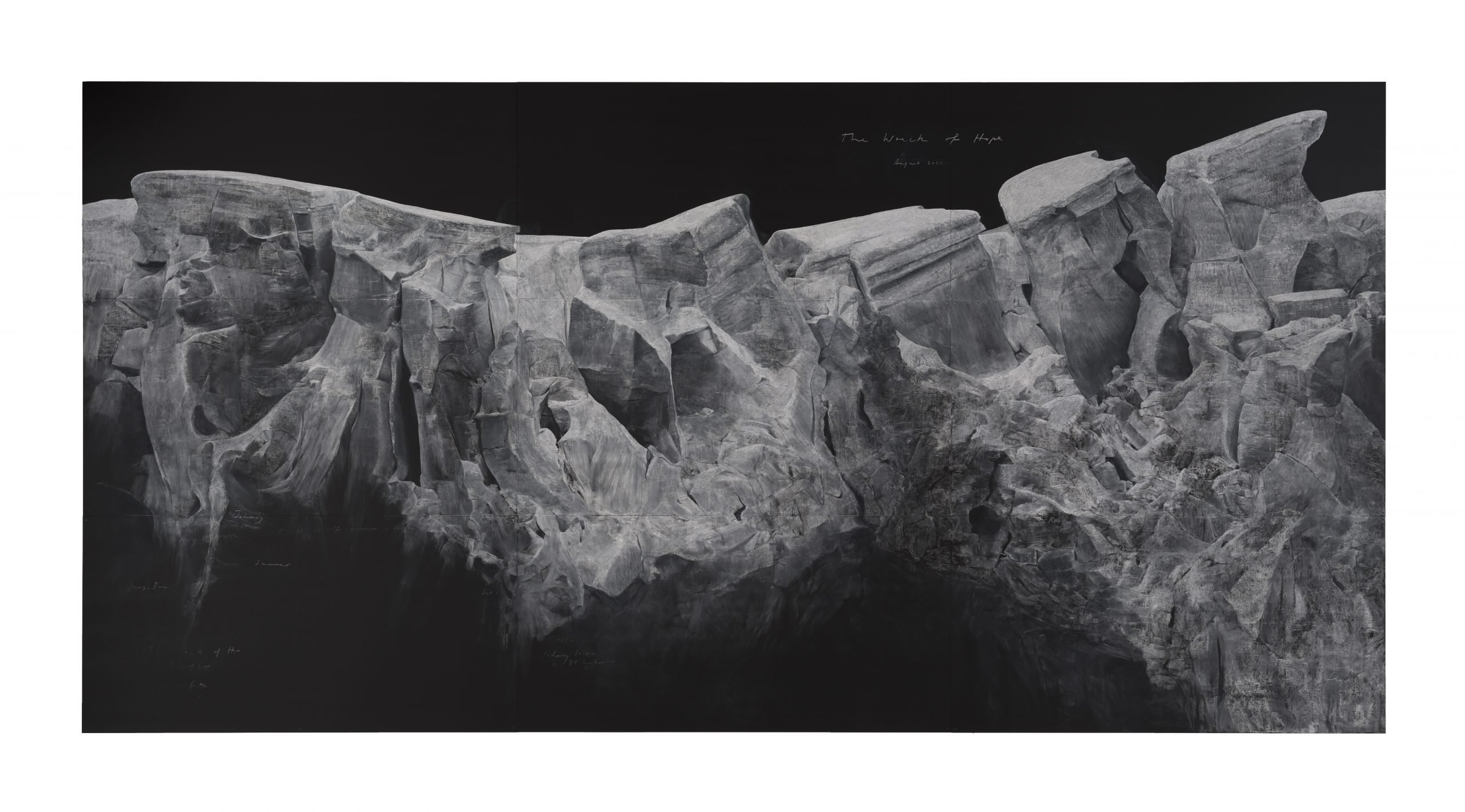 Tacita Dean, The Wreck of Hope, 2022. The monumental blackboard drawing is a landscape of a glacier rendered in white chalk. 