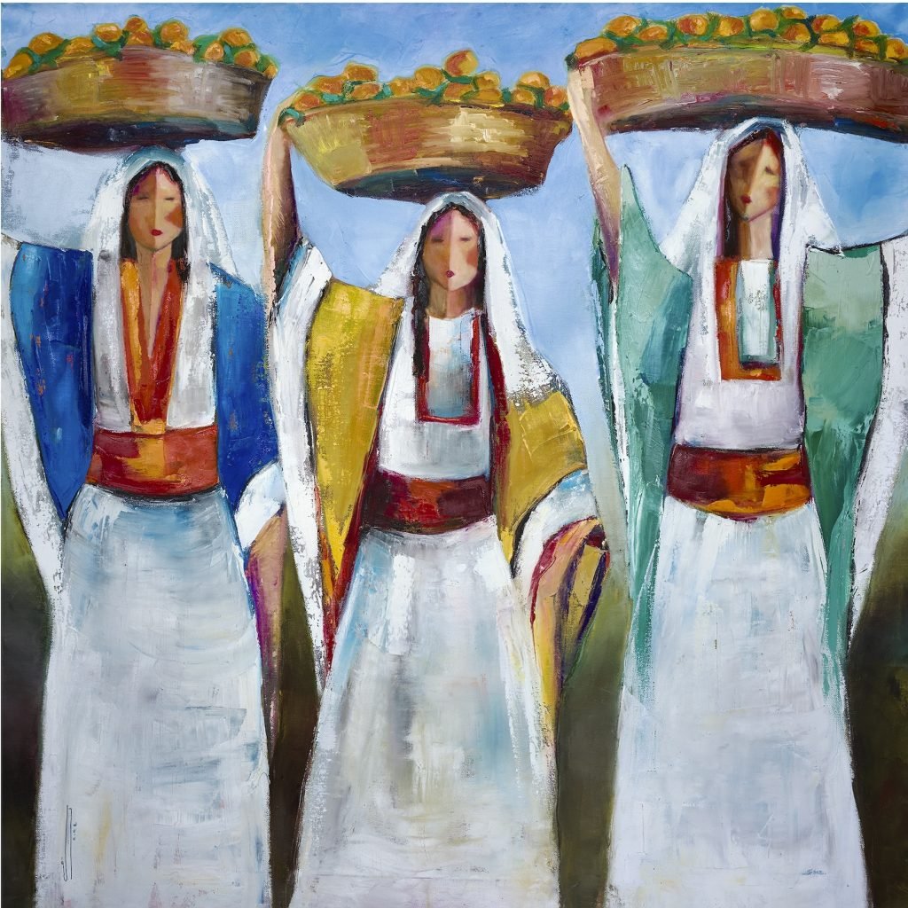 Tala Abu Nuwar, Three Women with Oranges. A stylized painting of three women in white robes and colorful scarves carrying baskets of oranges on their heads.