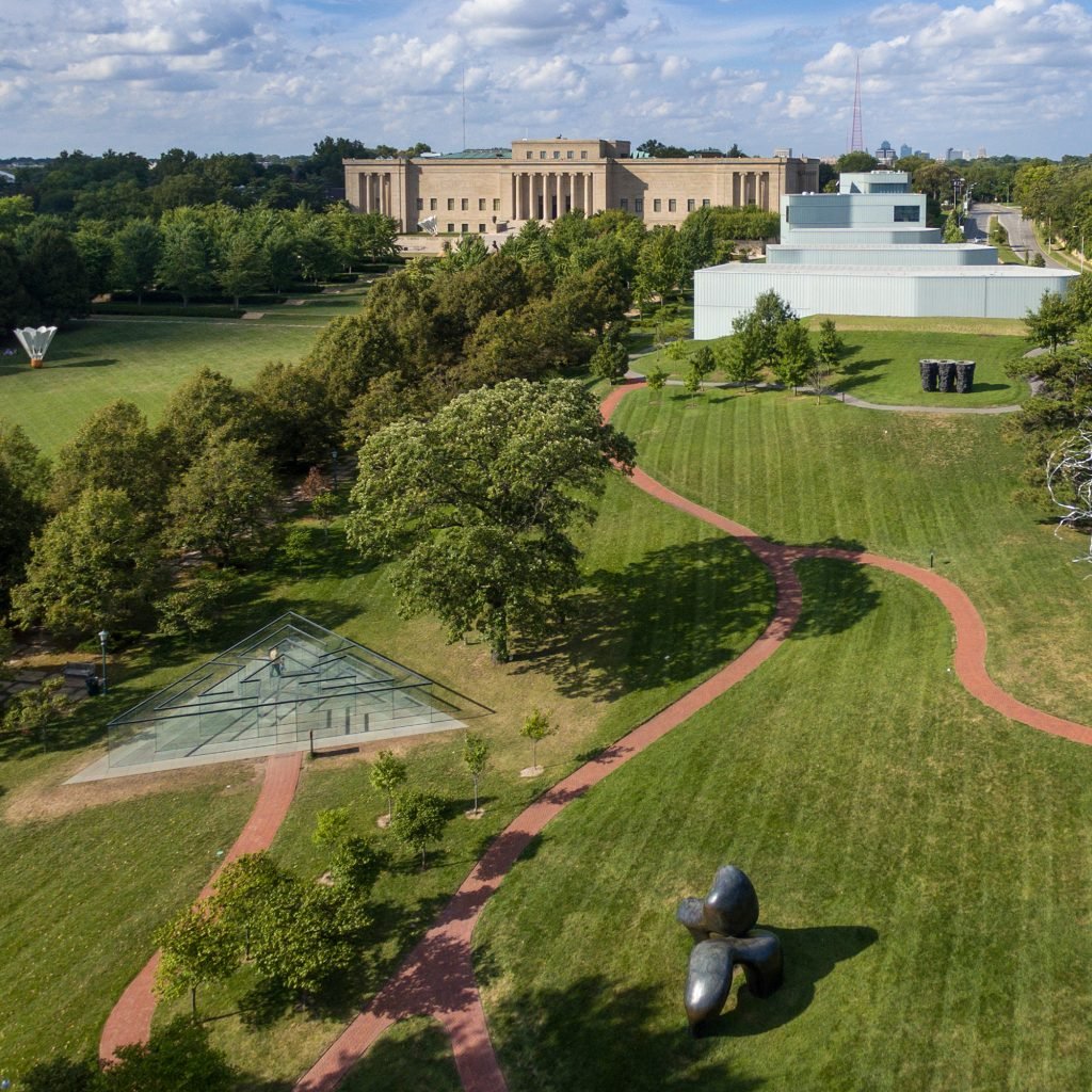 Aerial view of trees and buildings in the distance