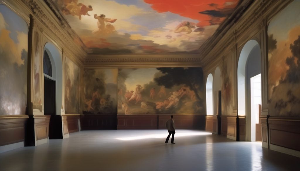 a room with painted walls and a man in the center