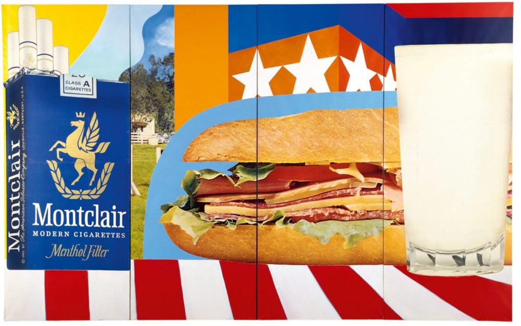 Tom Wesselmann pop art painting depicts a glass of milk a sandwich and a cigarette box 