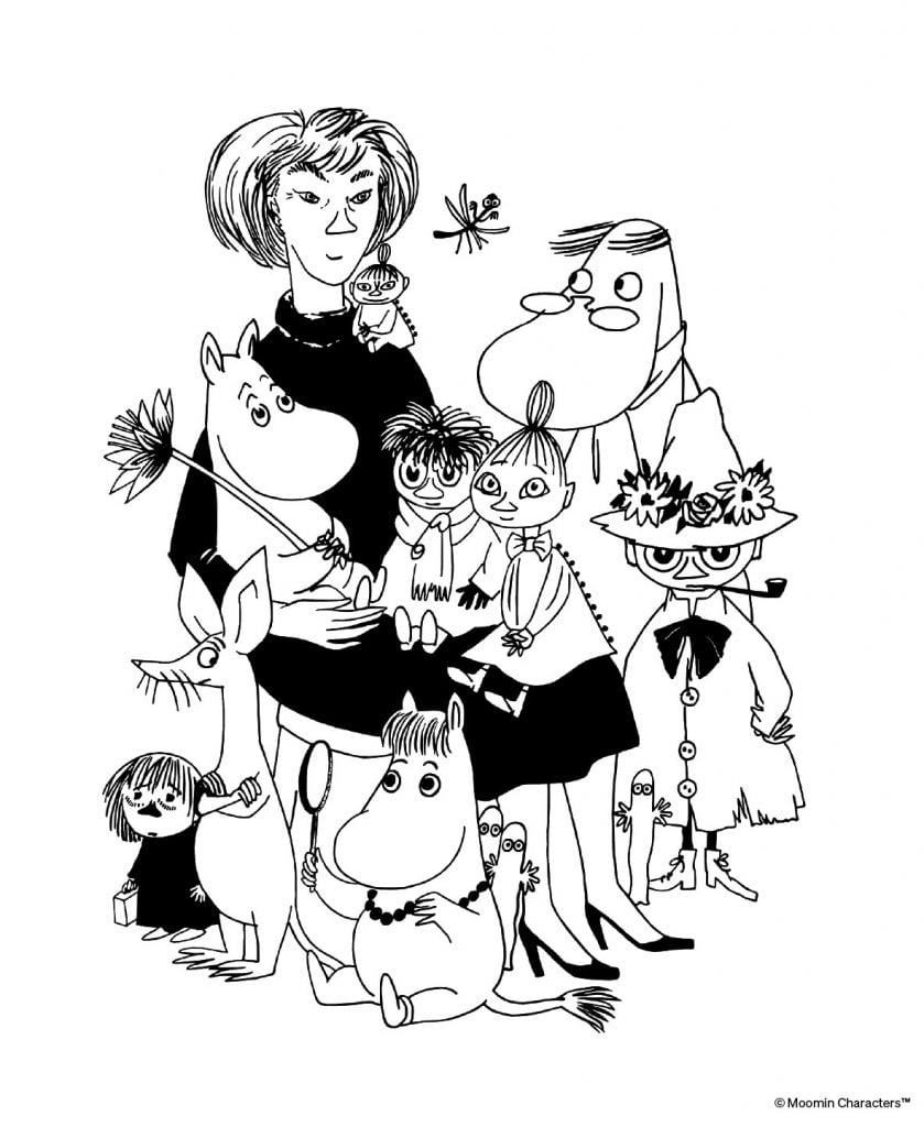 Tove Jansson's self portrait with Moomin characters.