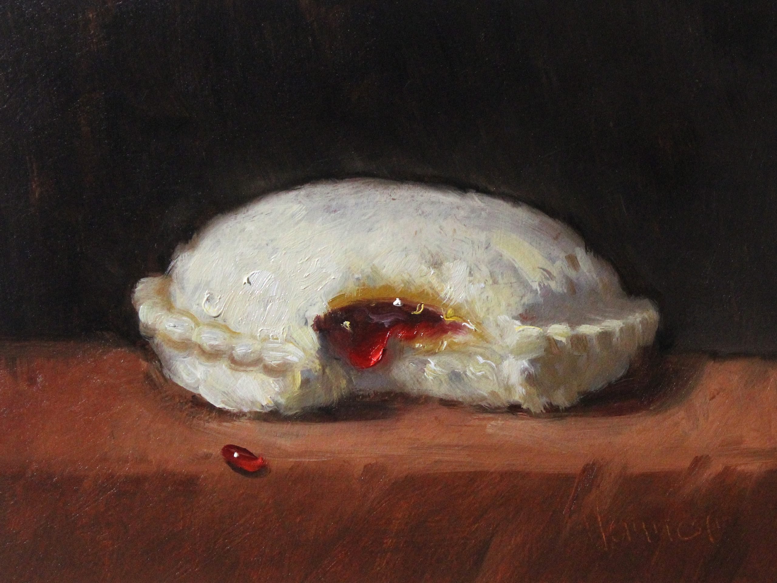 A painting of a jelly-filled pastry against a dark background