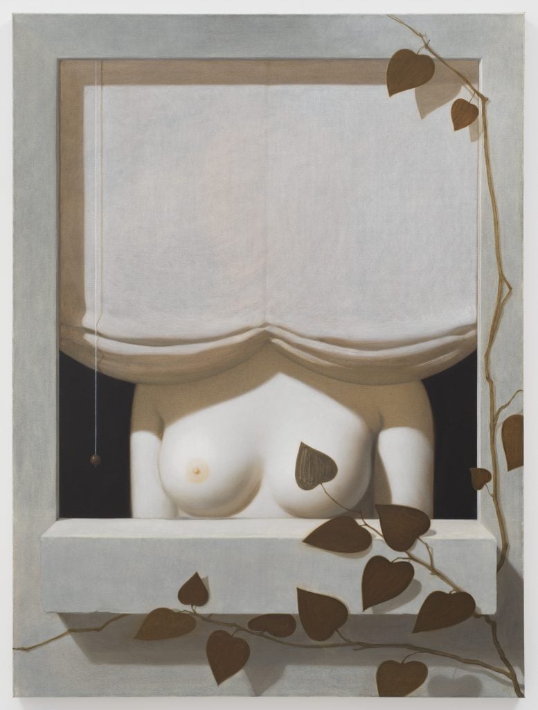 Painting depicts a pale naked woman standing in front of a window, but her face is covered by a curtain, outside the window sees a vine crawling up the wall and the frame of the window, with one leaf covering the woman's nipple on the right. 