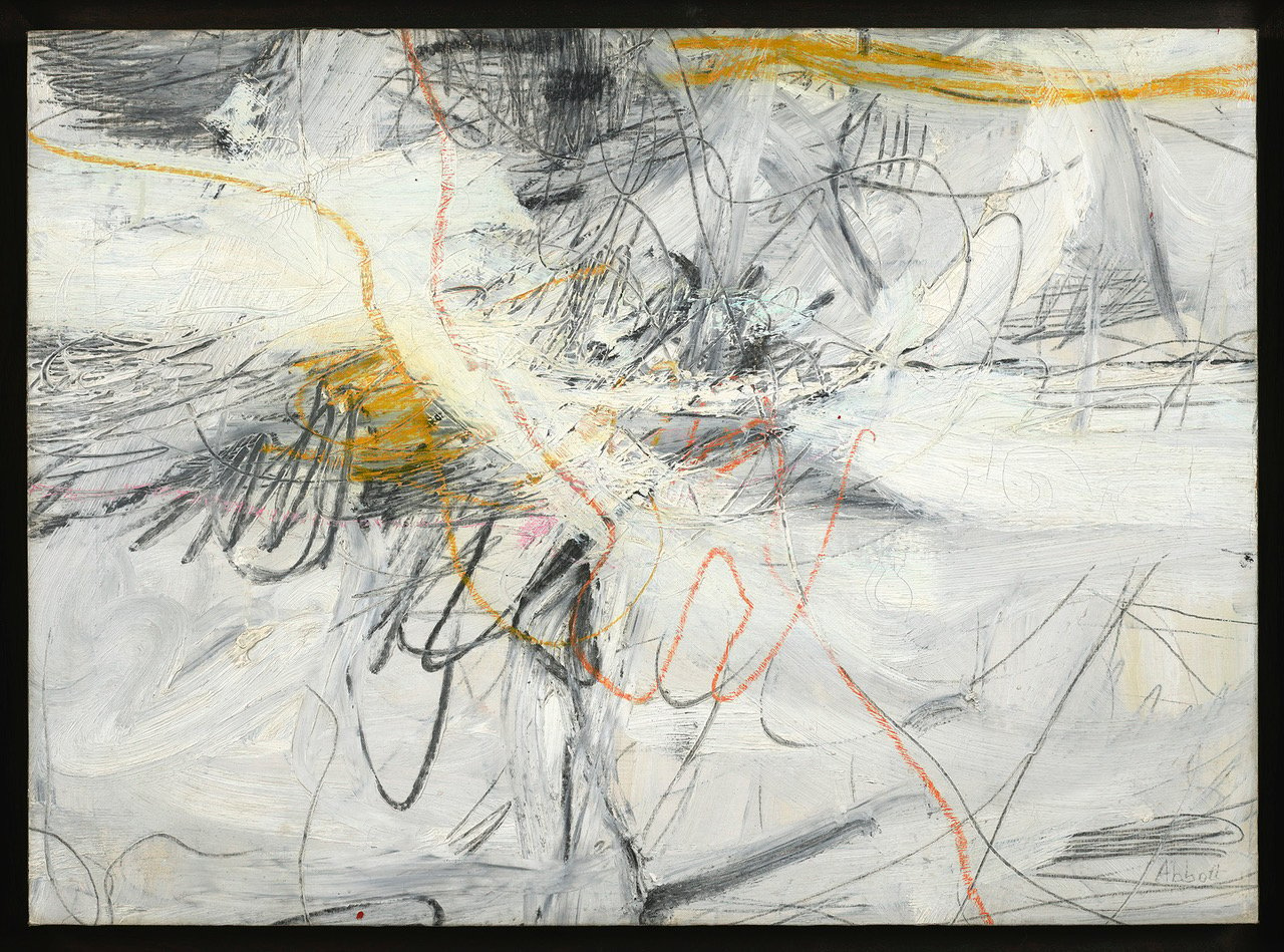 an image of an abstract painting with wing-like markings in black against a gray background