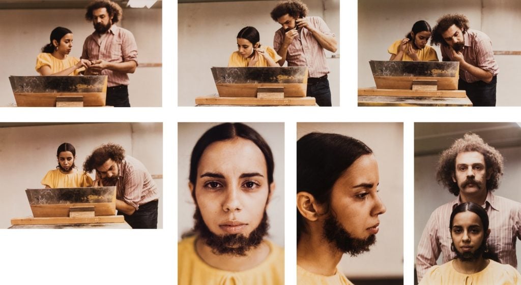 A suite of seven photos showing the artist gathering and applying a man's facial hair to her own face, featured at Frieze London.