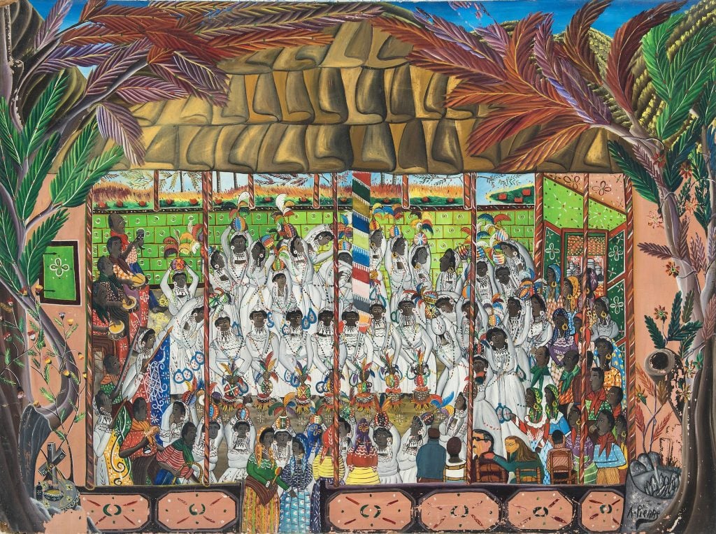 A painting of a large crowd with many people dressed in white