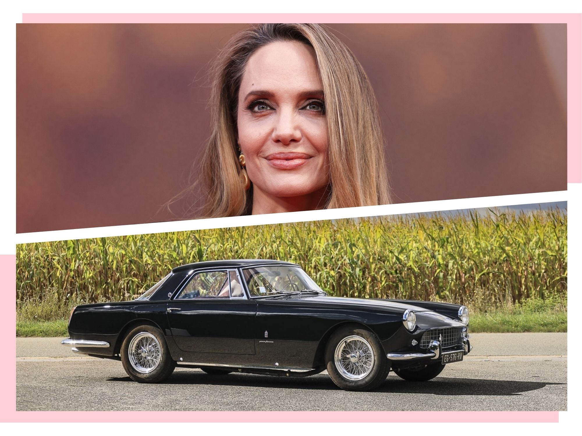 Top: Angelina Jolie on October 18, 2024 in London Bottom: Jolie's 1958 Ferrari 250 GT Coupé Pininfarina