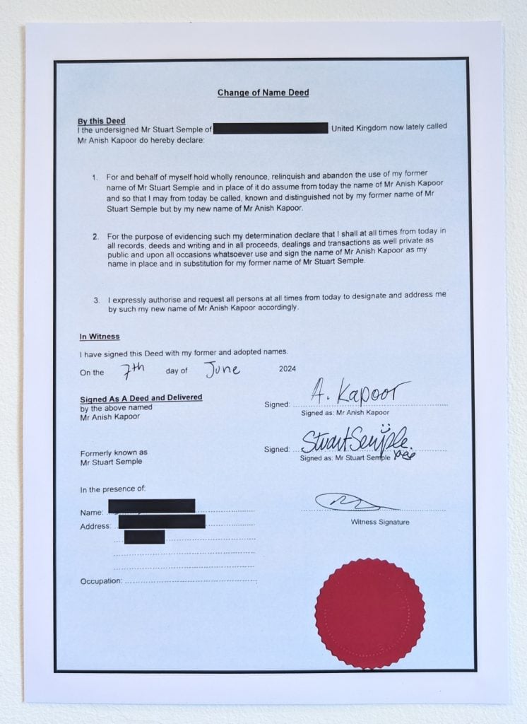 A legal form changing Stuart Semple's name to Anish Kapoor. Some identifying details have been blacked out. 