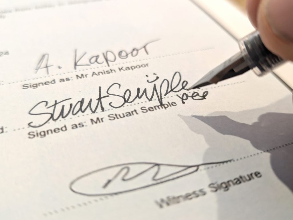 A close up photo of the signature fields on the legal form changing Stuart Semple's name to Anish Kapoor, signed by Semple.