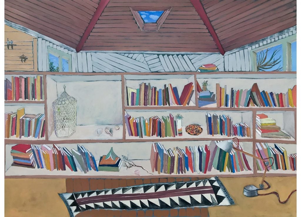 An painting of an interior showing composition-spanning bookshelf filled with books and an abstract patterned runner rug along the front, and behind massive glass window, by B.A. Thomas and featured at the salon by nada.