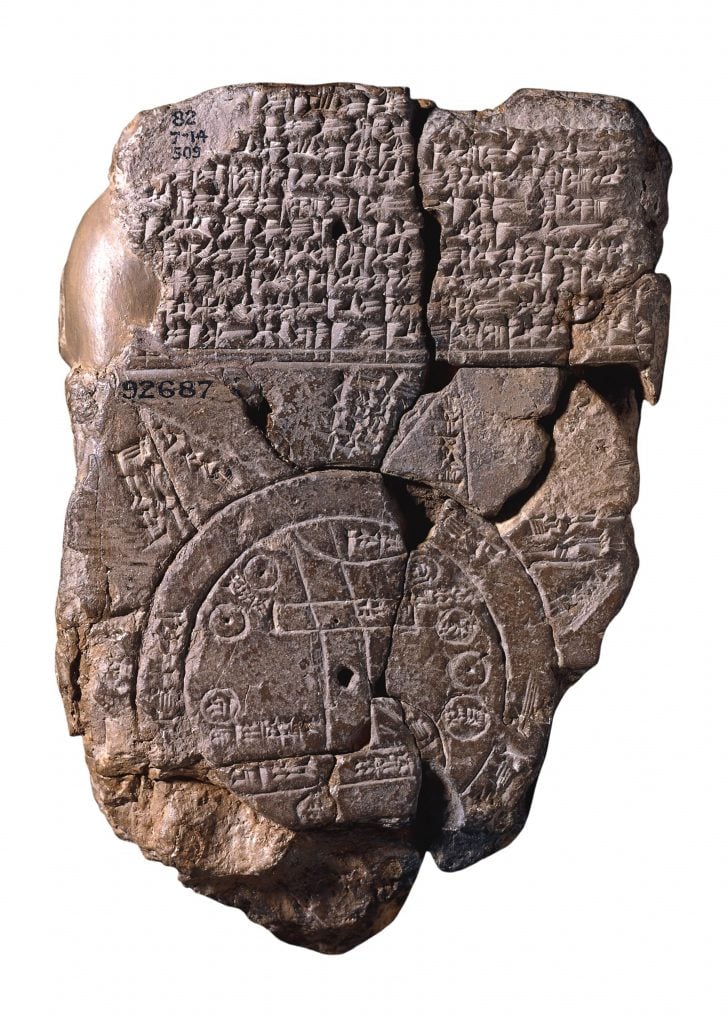 A broken ancient clay tablet featuring cuneiform script and an early map that may point the way to Noah's Ark. The tablet has visible cracks and missing pieces, with intricate details in the script and map design on the surface. Numbers are inscribed on certain parts of the tablet.