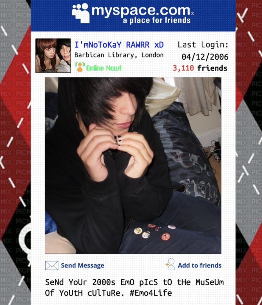 A nostalgic Myspace profile features an emo teen from the 2000s with black hair and nail polish.