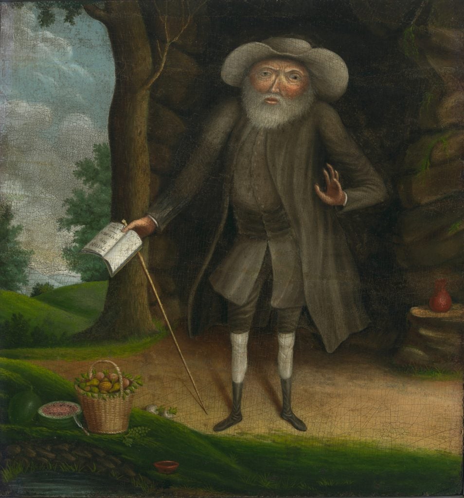 a painting of a 18th-century man with a hat holding a piece of paper