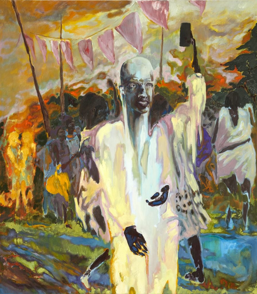 A semi-abstract painting showing a figure in a whitish robe at the front with one arm upheld under a banner of triangular flags by artist Blake Daniels, presented at the Salon by Nada and the community in Paris.