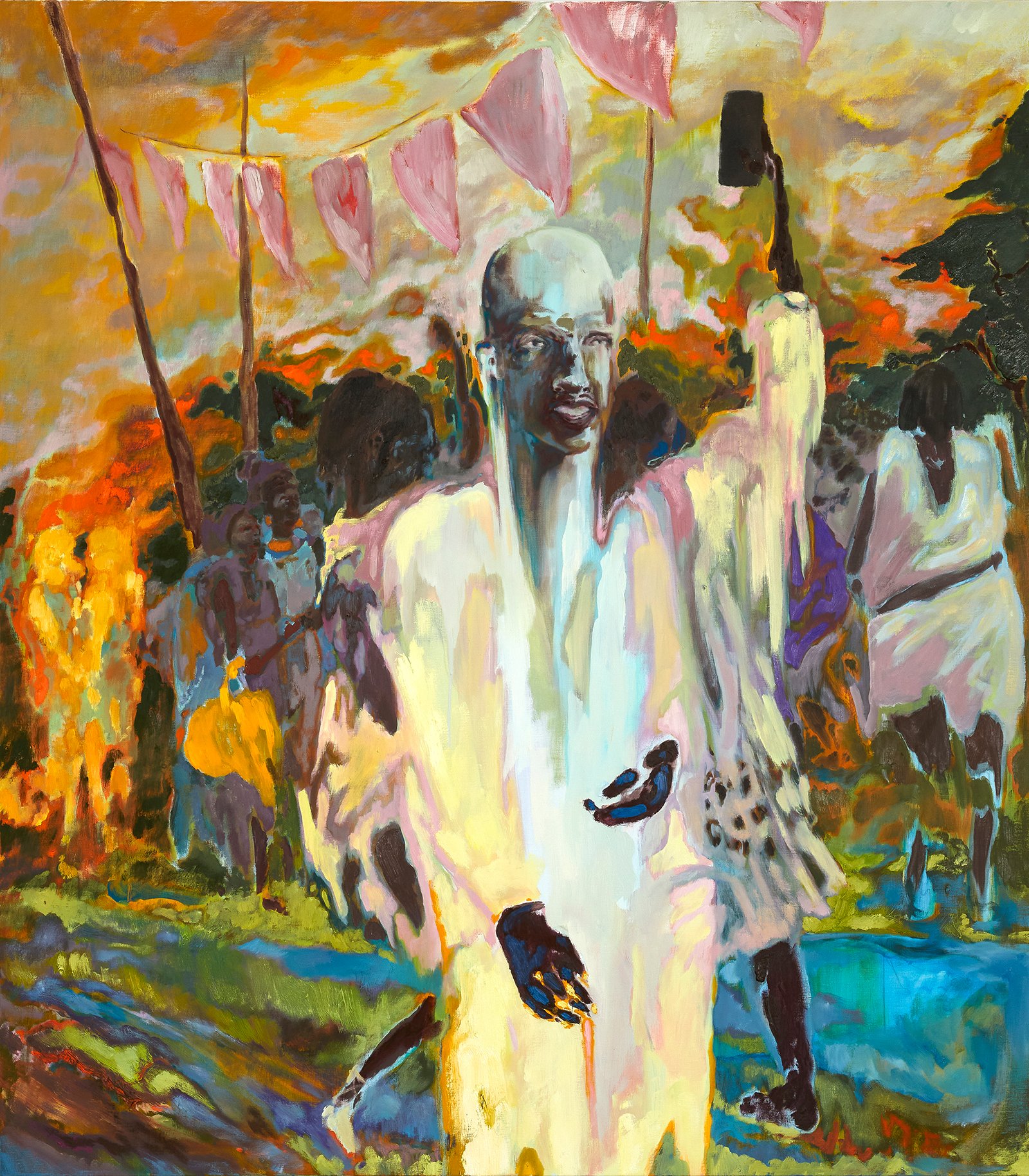 A semi-abstract painting showing a figure in a whitish robe at the front with one arm upheld under a banner of triangular flags by artist Blake Daniels, presented at the Salon by Nada and the community in Paris.