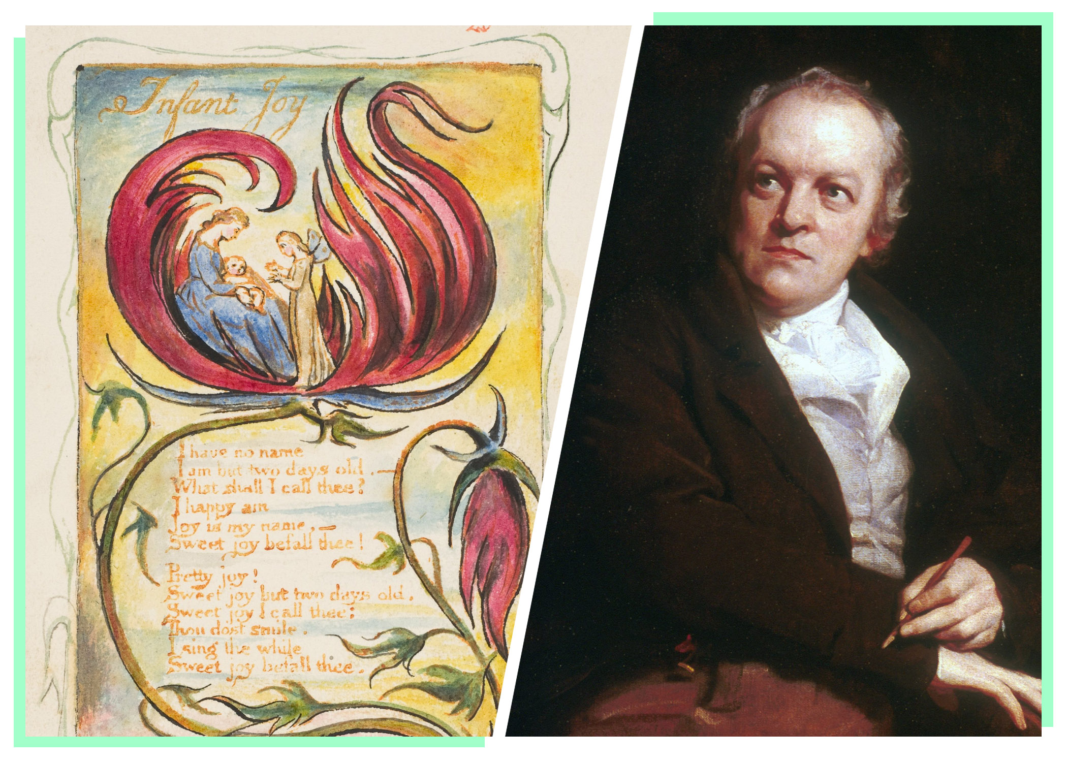 A left panel showing an elegant illustration of the poem "Infant Joy"; on the right panel a portrait of poet William Blake brandishing a pen