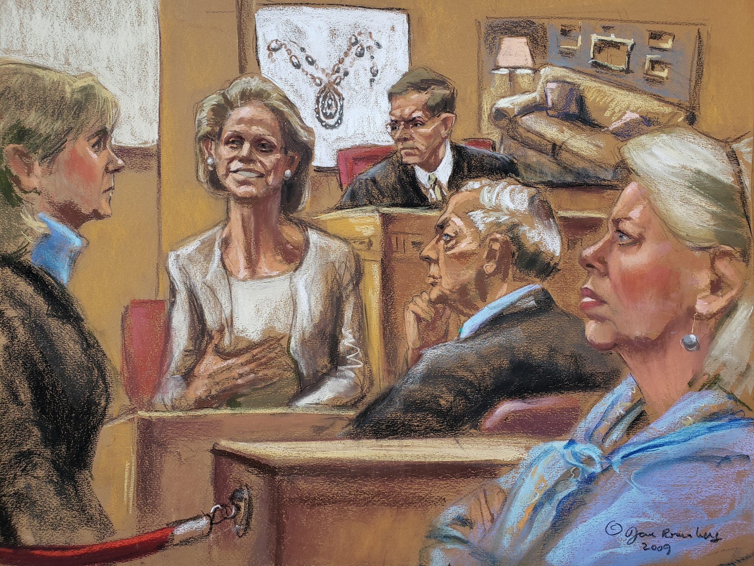 A courtroom sketch showing a woman testifying, along with the judge and other participants at trial