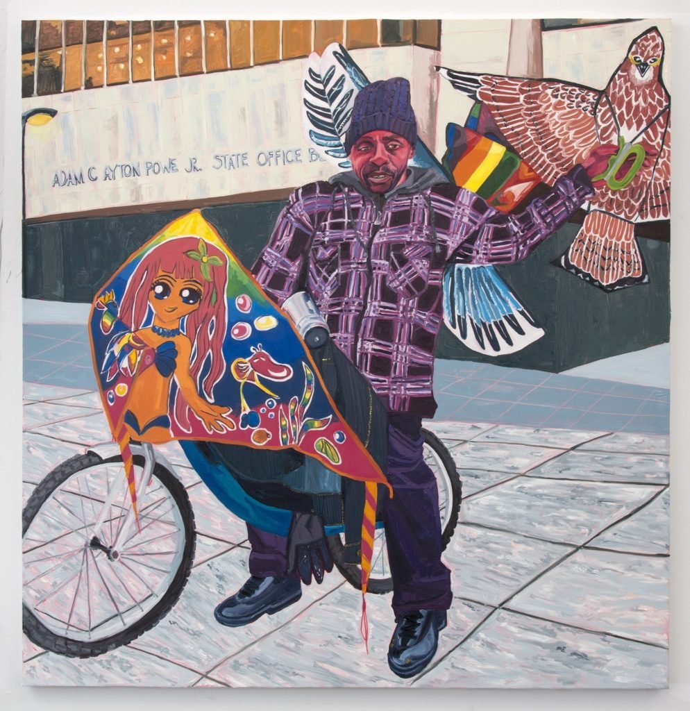 A painting of a Black man on a bike, holding kites