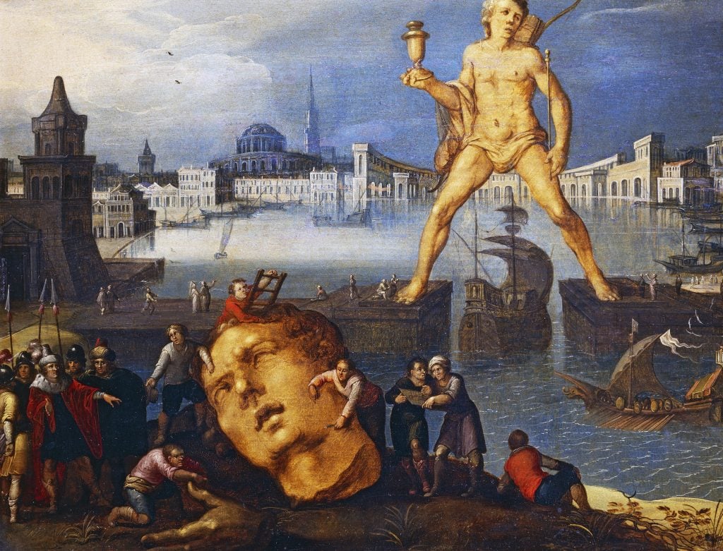 Painting of the Colossus of Rhodes towering over a harbor, surrounded by ships and people