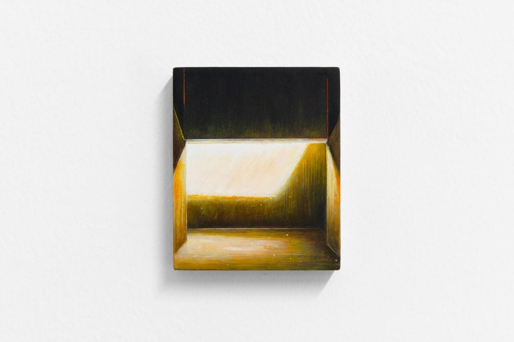 A painting of fallen light from a square window in a void of black by Szelit Cheung, on view at Galerie Christian Lethert.