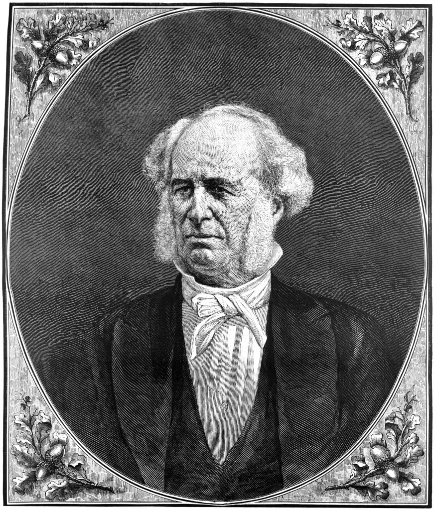 black and white portrait drawing of an old, white man with fuzzy white hair and a fancy suit