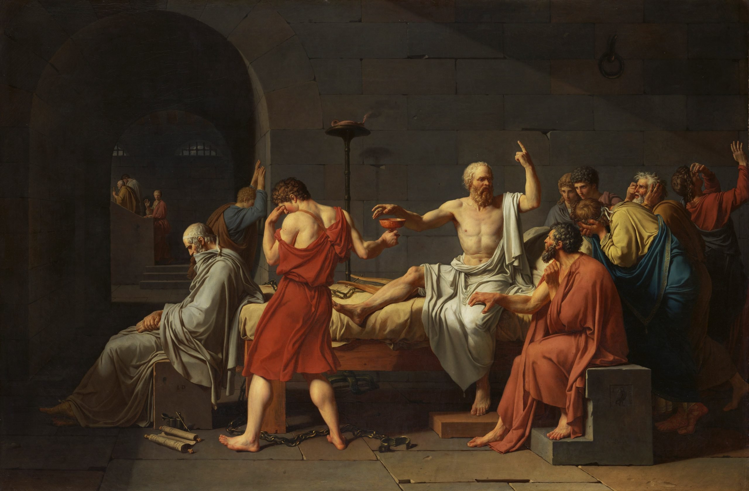 Painting titled “The Death of Socrates” by Jacques-Louis David, depicting Socrates surrounded by disciples before execution.