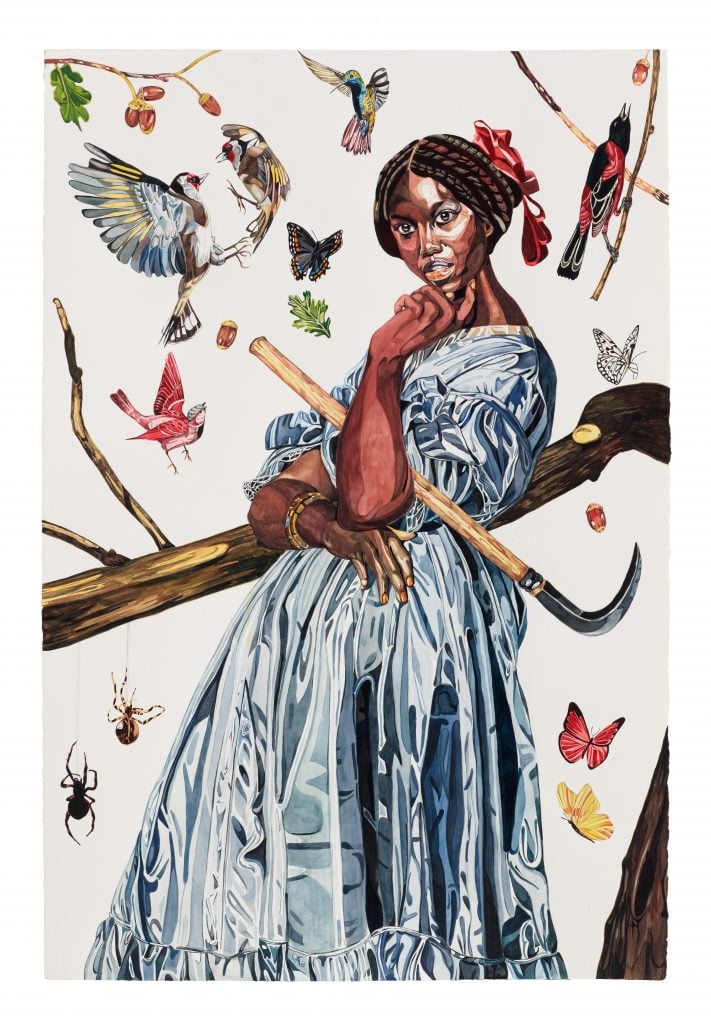 Portrait of a black woman in a blue tafetta dress in front of a long branch and various birds and butterflies surrounding her, featured at the forthcoming edition of the art show by Adaa.