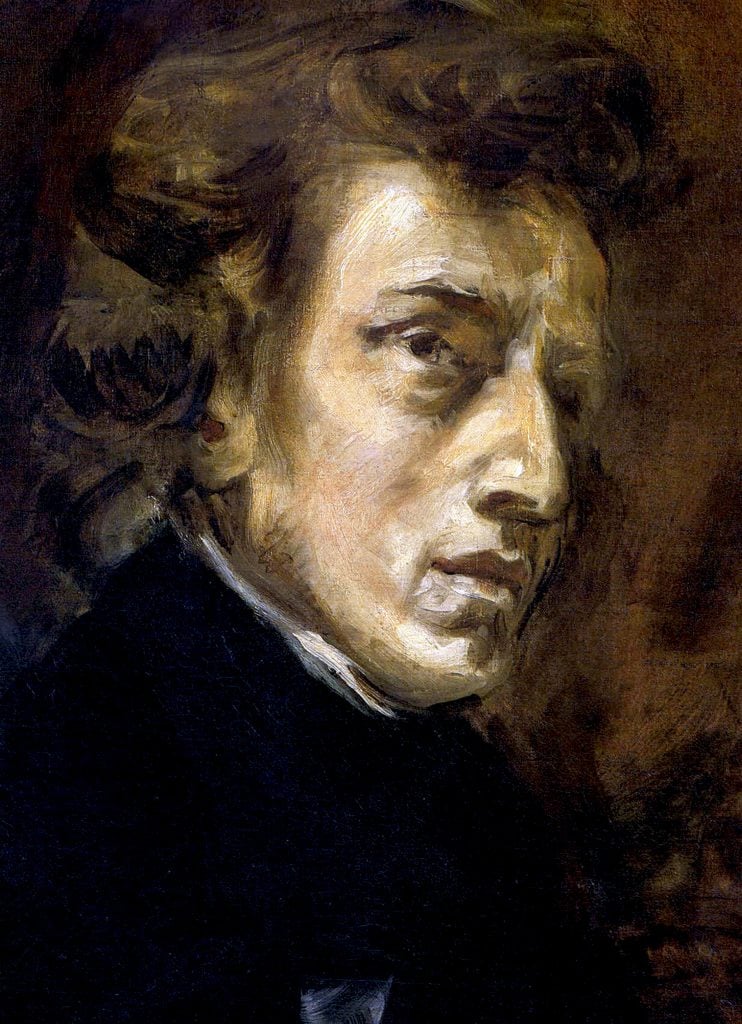 A portrait by Eugene Delacroix of Frédéric Chopin showing the composer with lush long hair and hooded eyes